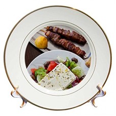 3dRose Greece, Peloponnese, Corinth, Greek Salad and Souvlaki with Fries, Porcelain Plate, 8-inch   555453075